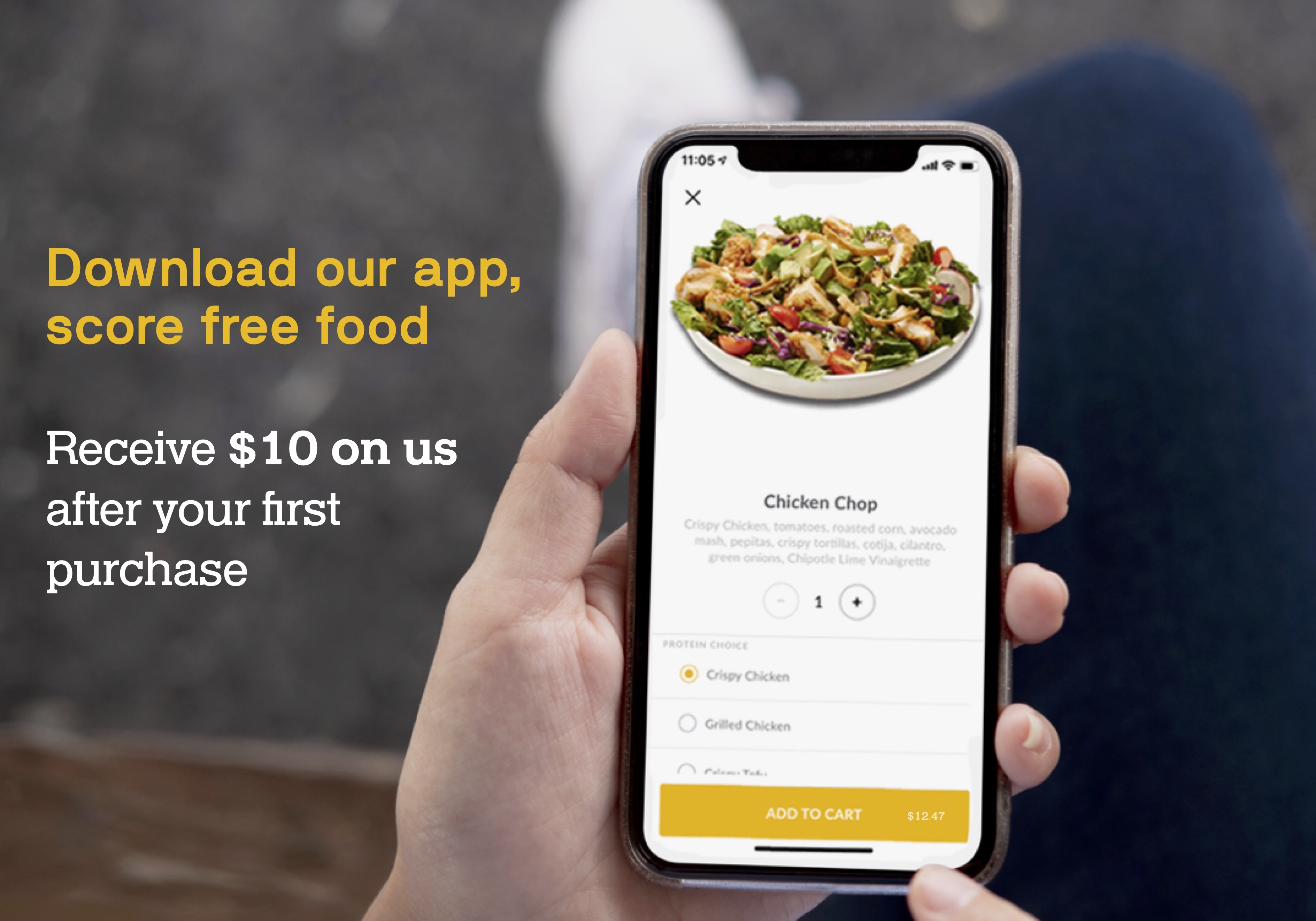 Hand holding a phone with the Starbird Chicken app. Download our app, score free food. Receive $10 on us after your first purchase.